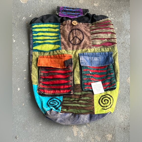 Multicolored Nepal 18in Boho Peace Sign Hippi  Drawstring Backpack 60’s Retro - Picture 1 of 4